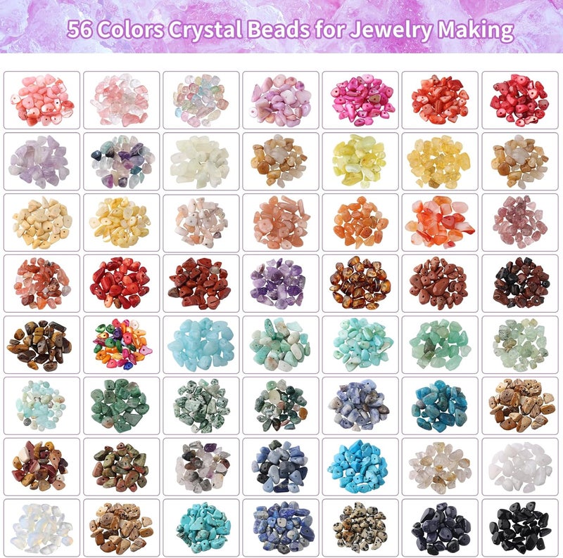 QUEFE 1800pcs 56 Colors Crystal Beads, Ring Making Kit, Gemstone Chip Beads Irregular Natural Stone with Jewelry Making Supplies for DIY Craft Bracelet Necklace Earrings, Craft Gifts - Image 3